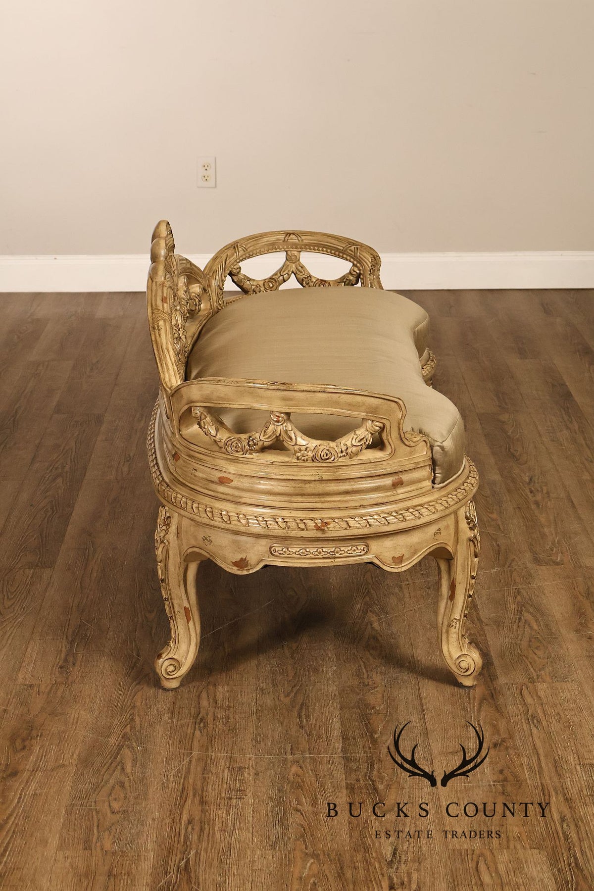 French Louis XV Style Carved Painted Upholstered Bench