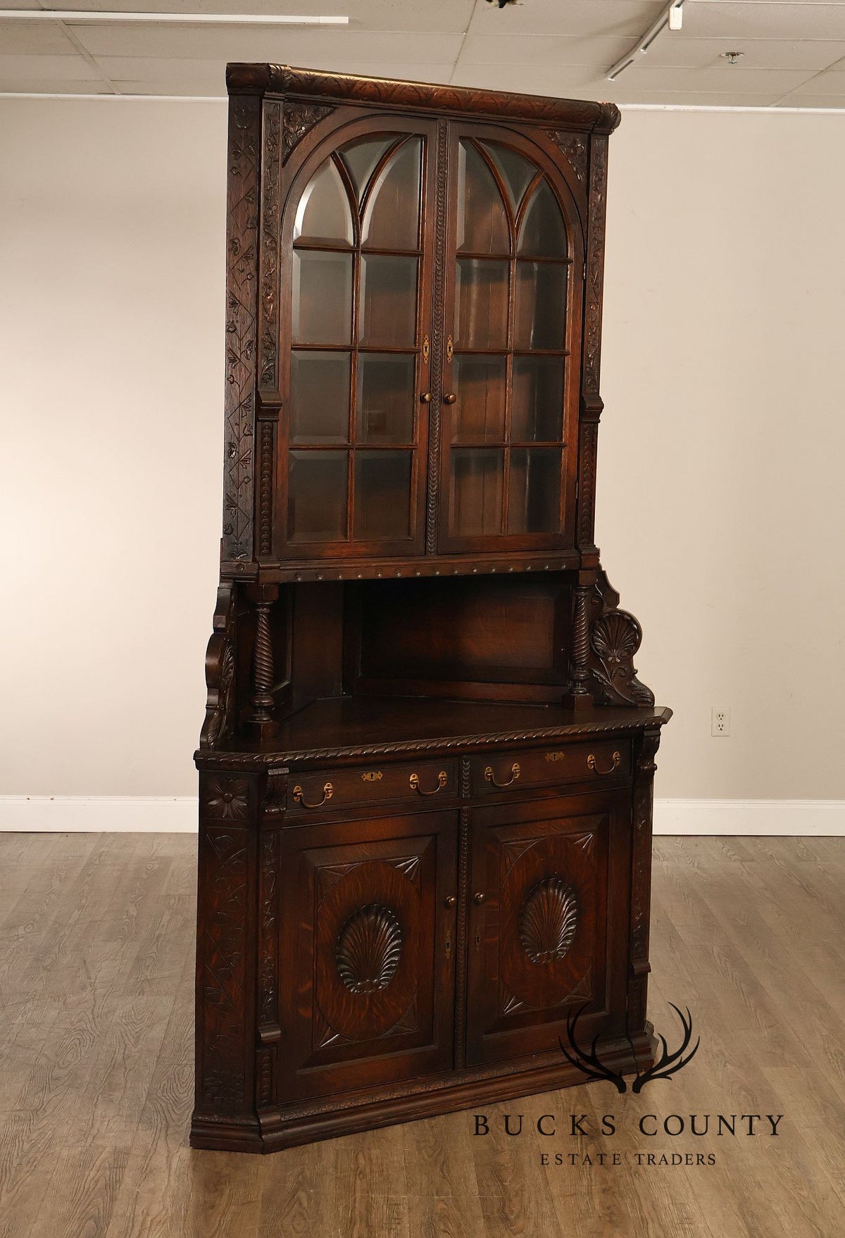 Antique RJ Horner Style Victorian Carved Oak Corner Cabinet