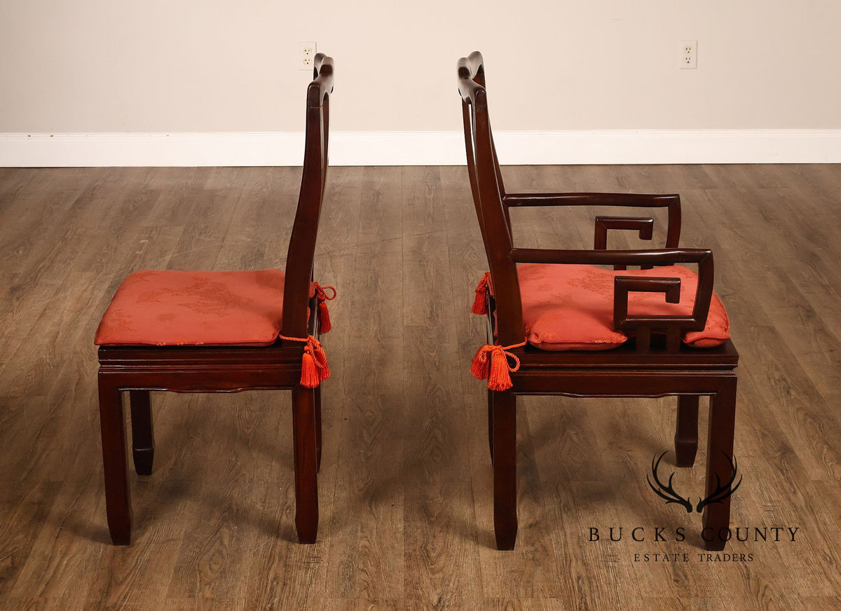 Asian Style Set Of Ten Rosewood Dining Chairs With Red Silk Cushions