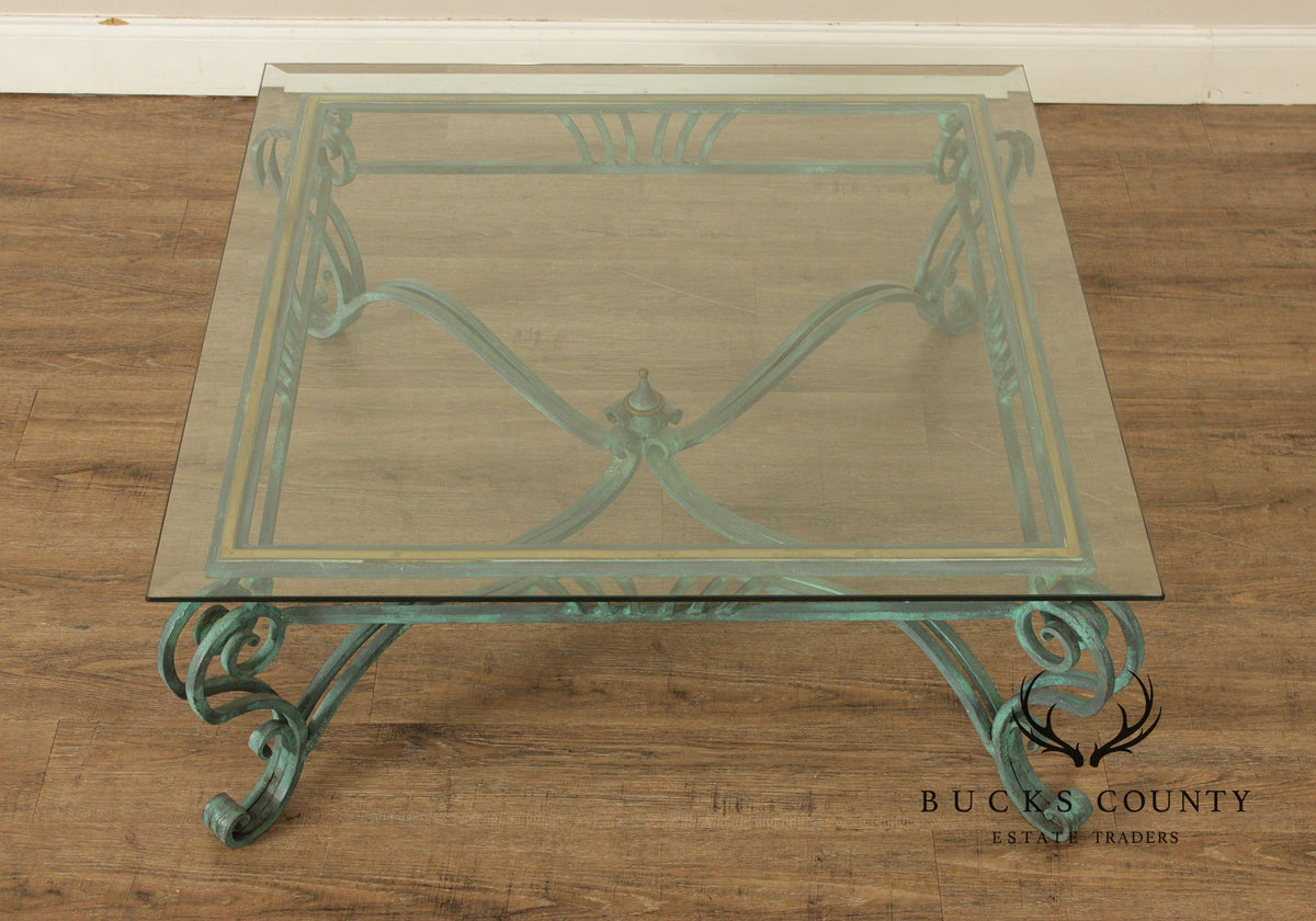Baroque Style Glass Top Wrought Iron Coffee Table