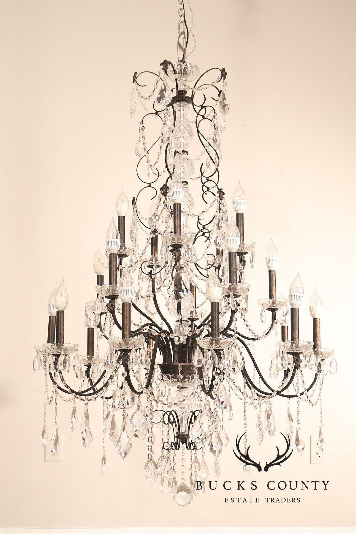 Large Twenty-Light Crystal And Wrought Iron 55" Chandelier