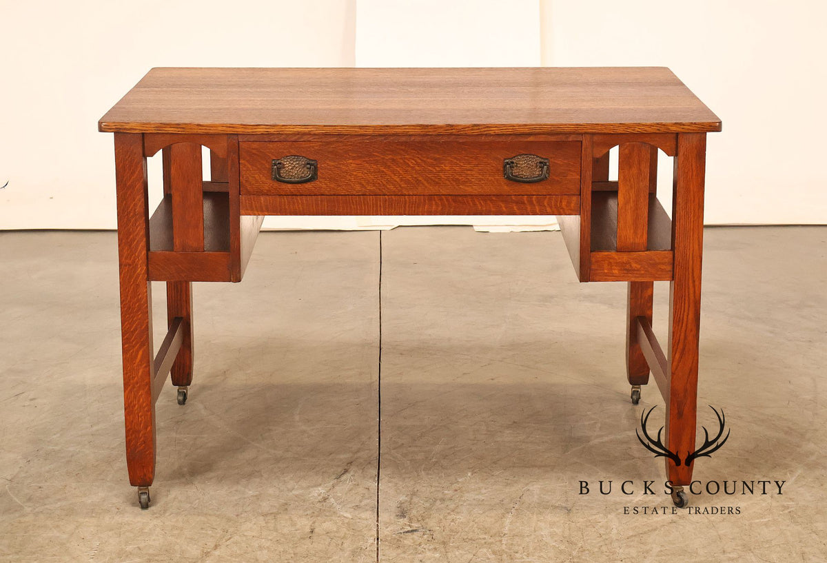 Antique Arts And Crafts Mission Oak Writing Desk With Built-In Side Bookcases
