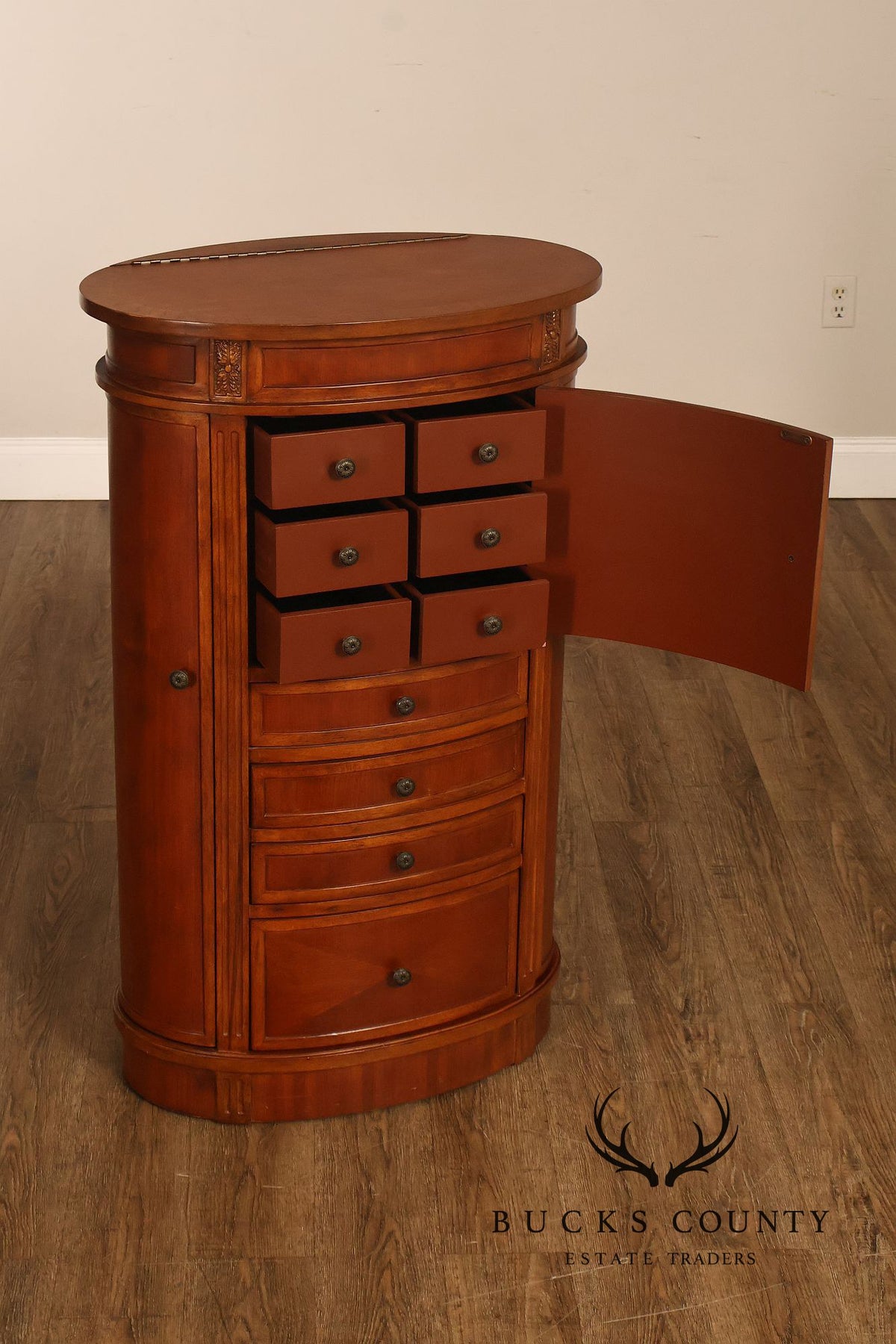 Oval Burl Wood Jewelry Armoire With Lift Top And Side Doors