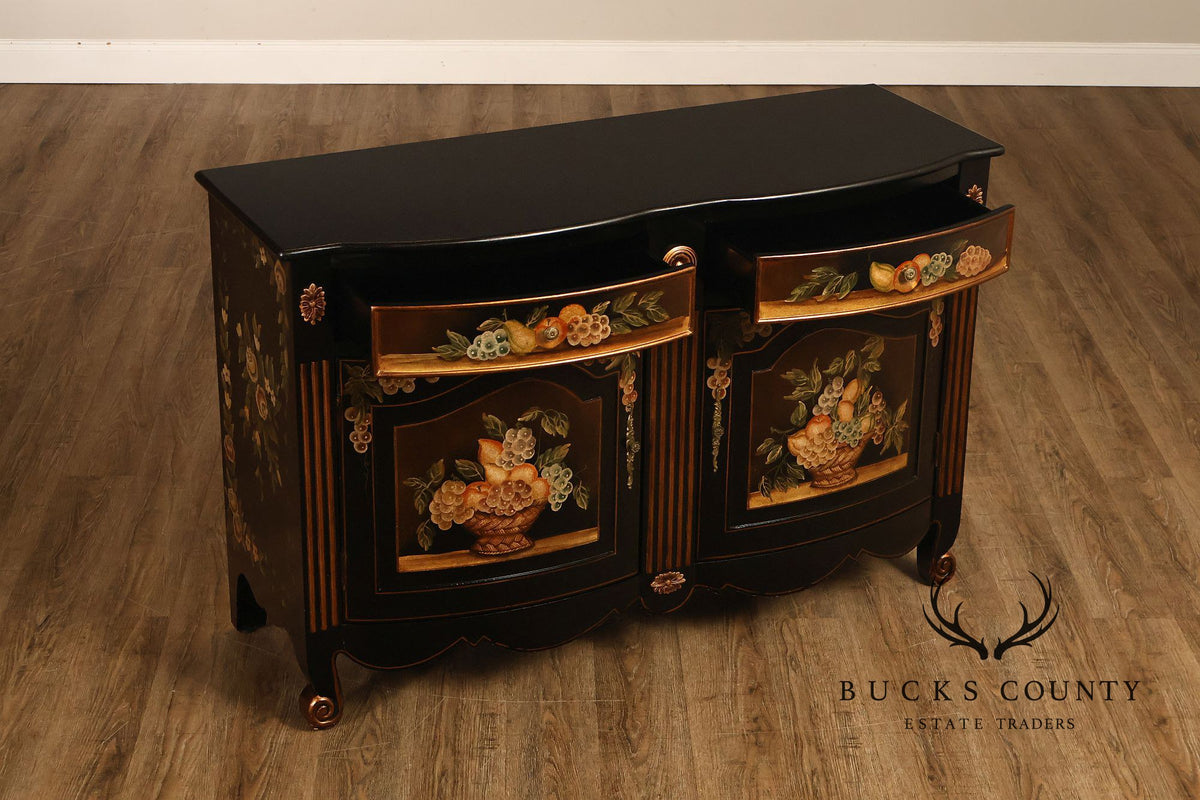 French Provincial Style Black Lacquer Hand-Painted Fruit Basket Sideboard