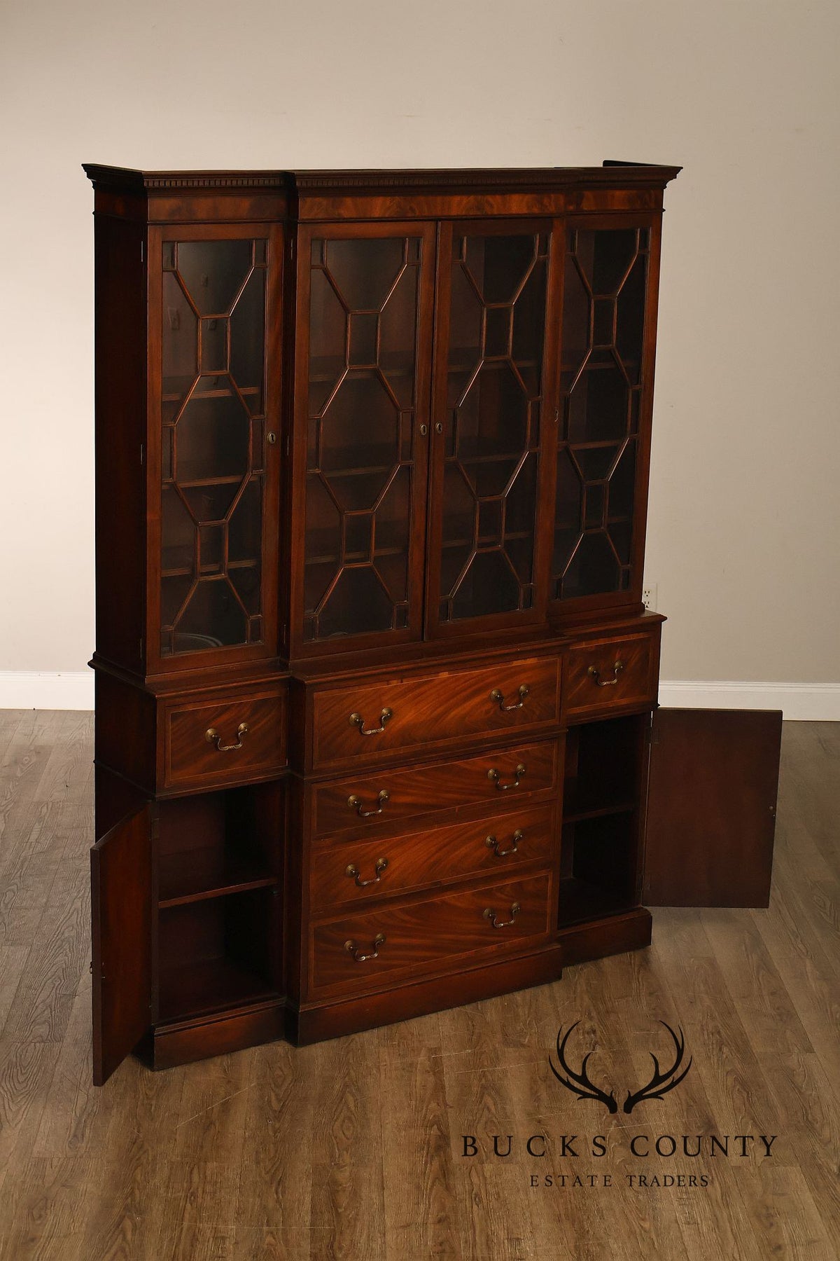 Georgian Style Mahogany Breakfront China Cabinet With Secretary Desk