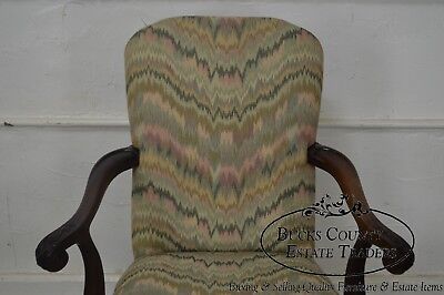 1940s Georgian Style Carved Mahogany Flame Stitch Library Arm Chair