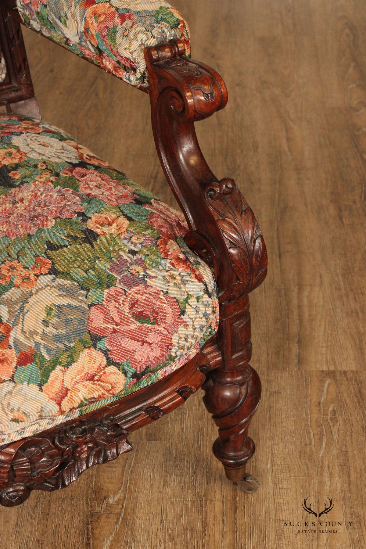 Antique Renaissance Revival Rosewood Carved Library Armchair