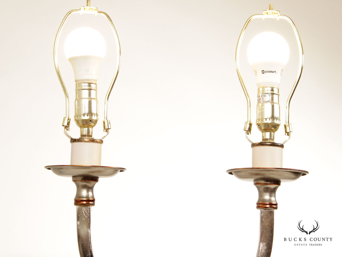 Modern Neoclassical Style Pair of Chrome Two-Light Table Lamps (B)