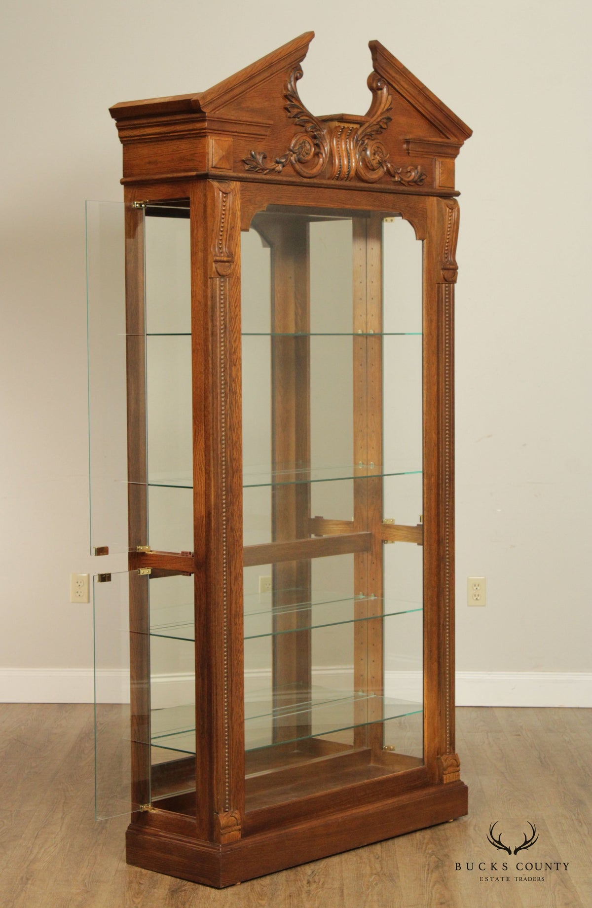 Pulaski Furniture Greek Revival Style Carved Oak Illuminated Display Cabinet