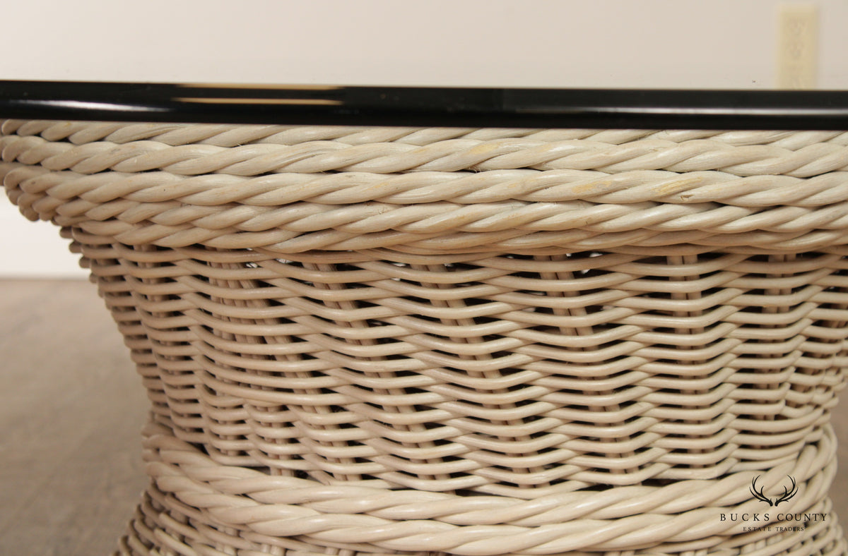 Vintage Round Wicker Rattan Glass Top Coffee Table