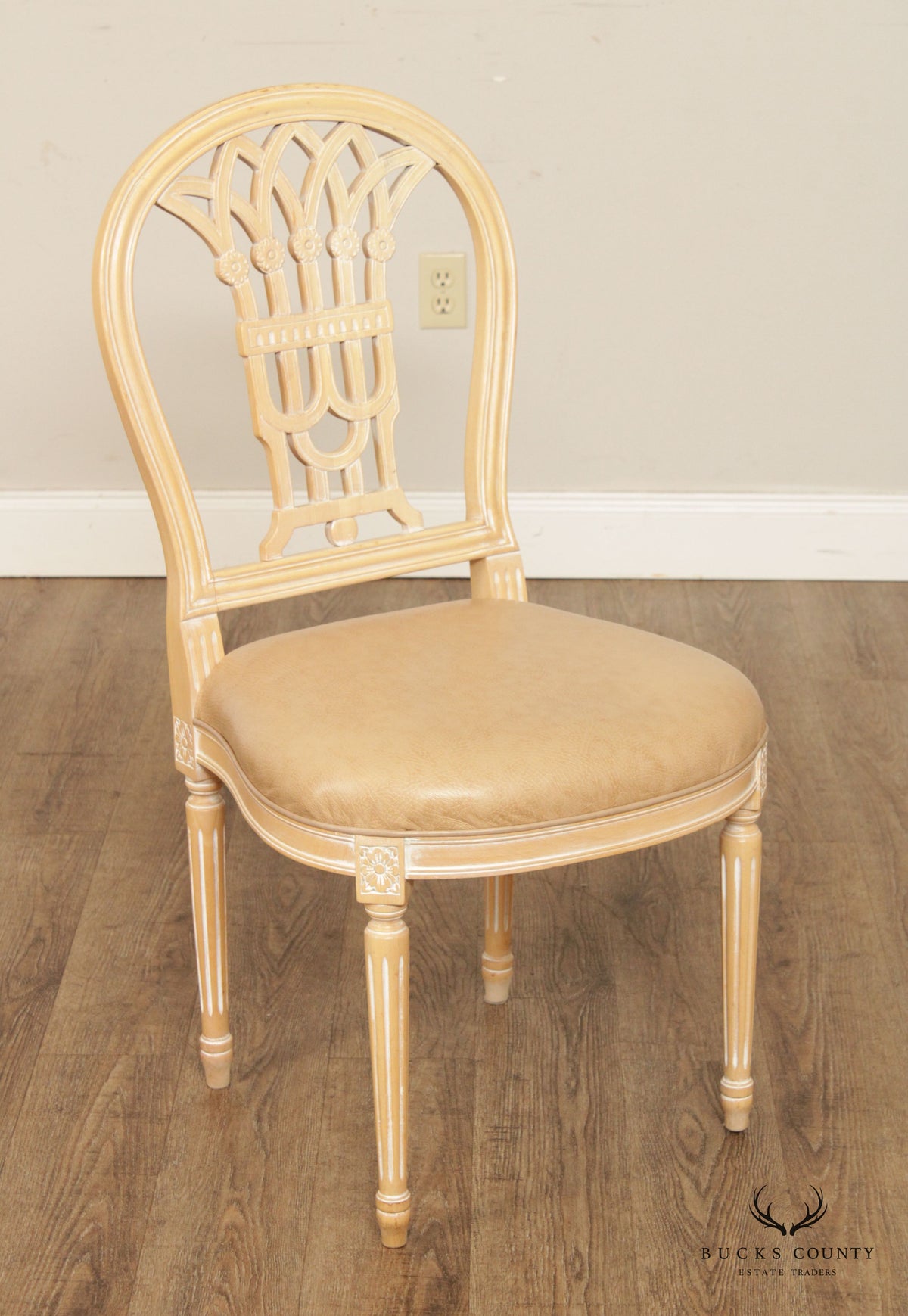 French Louis XVI Style Set 4 White Washed Dining Room Chairs