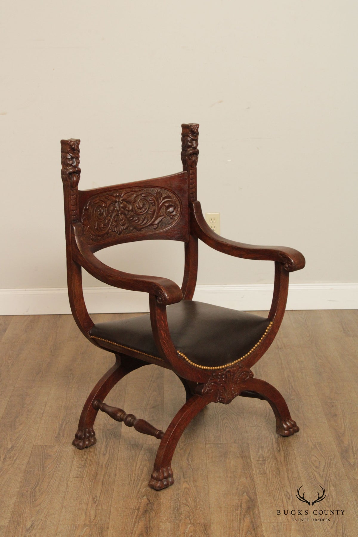 Antique Renaissance Revival Oak Carved Savonarola Armchair