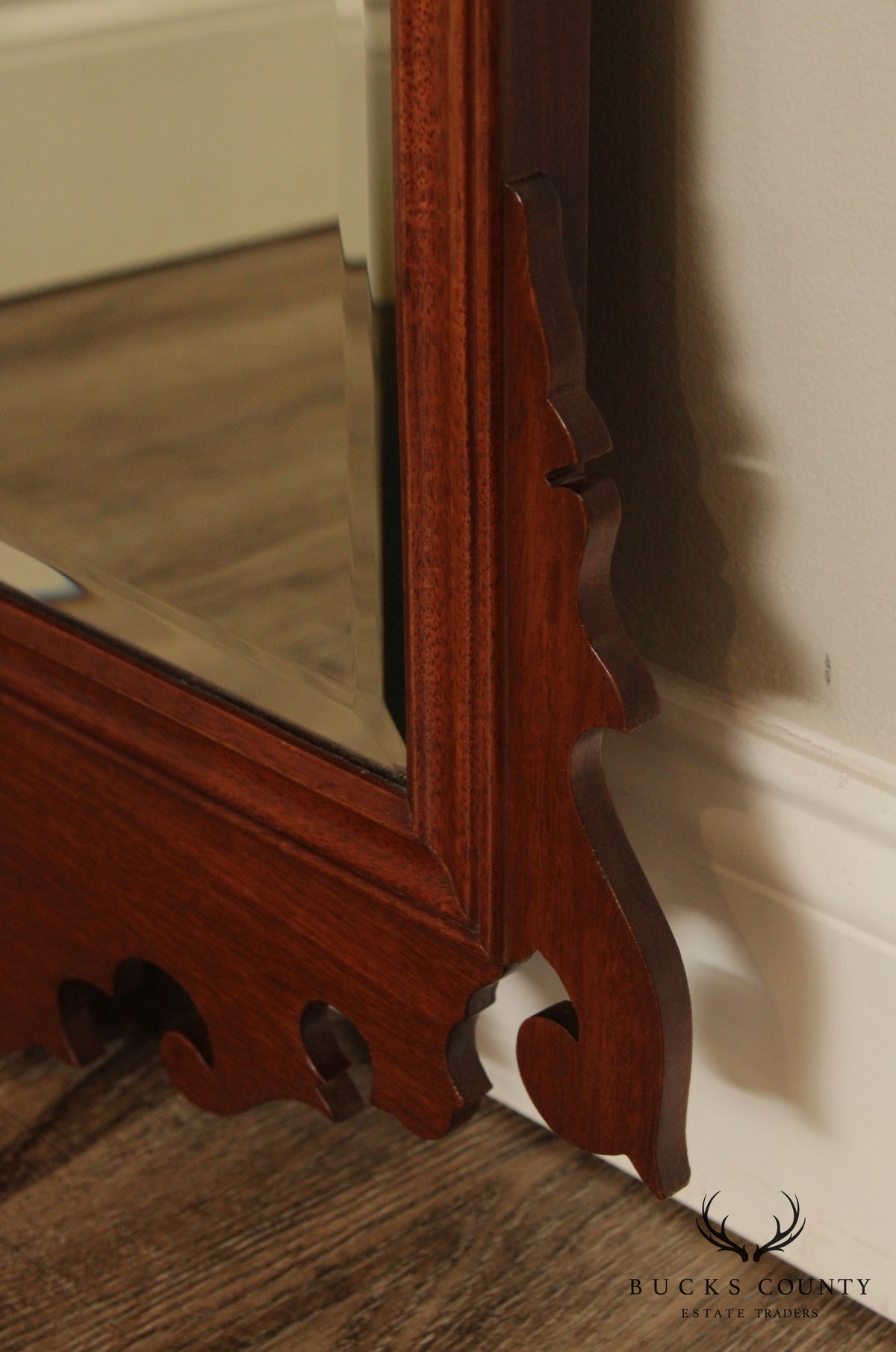 Chippendale Style Custom Crafted Solid Mahogany Shell Carved Beveled Mirror
