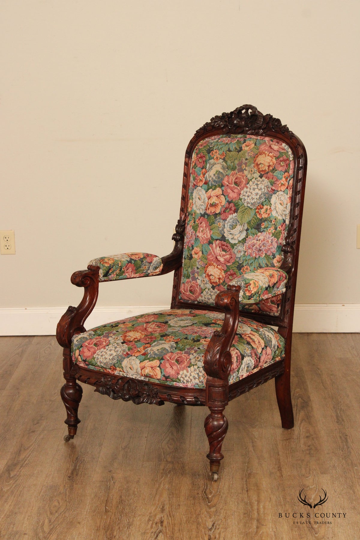 Antique Renaissance Revival Rosewood Carved Library Armchair