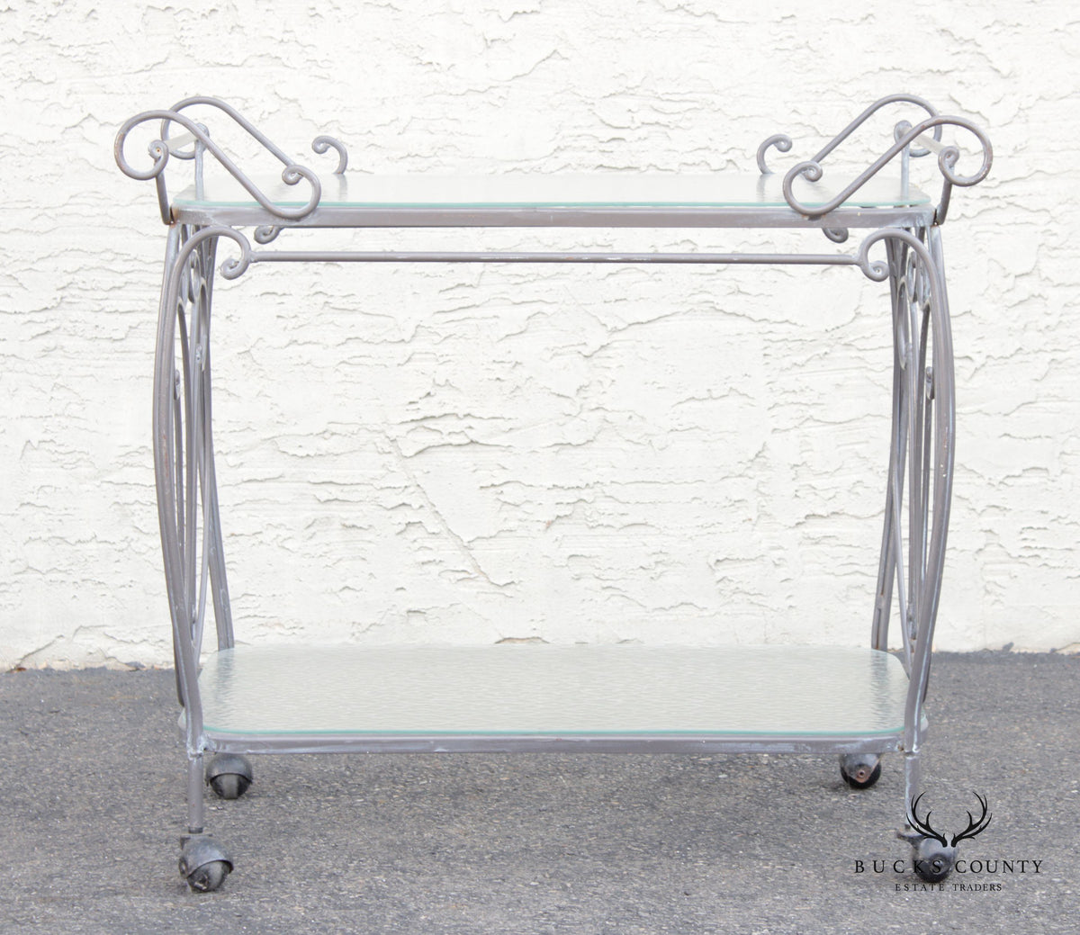 French Style Vintage Wrought Iron Scroll Two-Tier Outdoor Bar or Serving Cart