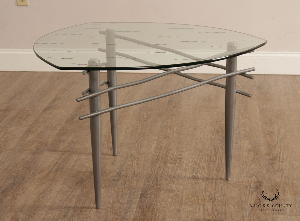 Modern Triangular Glass Top Brushed Steel Table