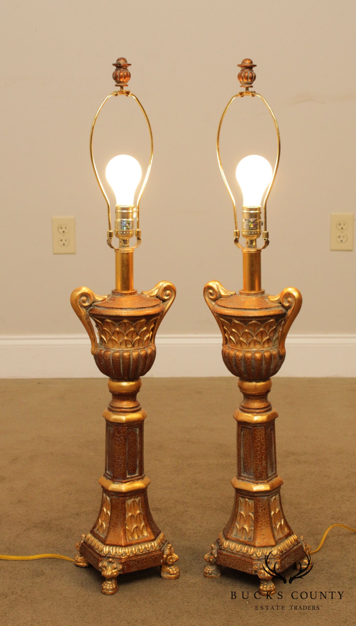 Gold Pair Urn Form Table Lamps with Shades