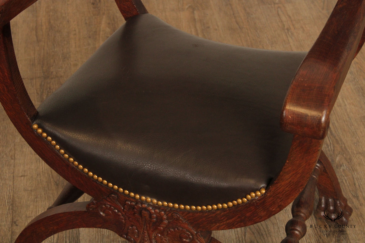 Antique Renaissance Revival Oak Carved Savonarola Armchair