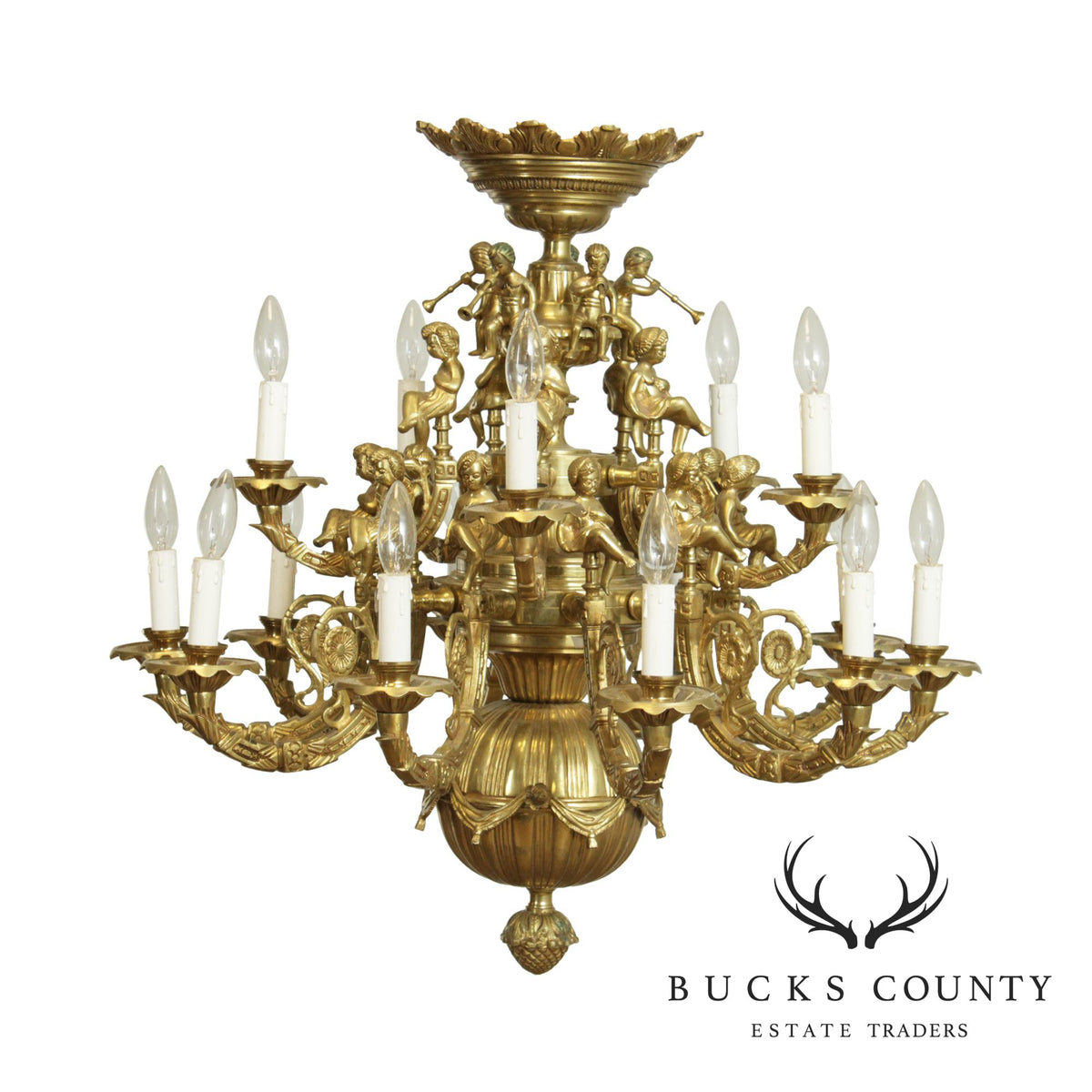 Vintage Rococo Style Heavy Brass Figural Putti Chandelier