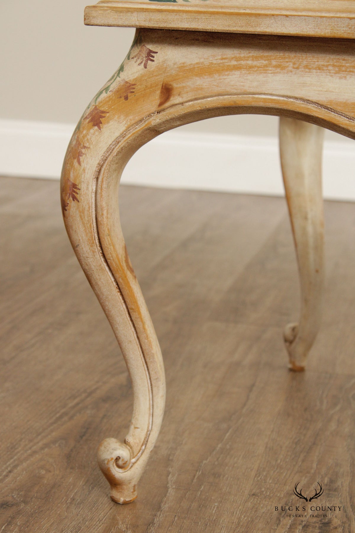French Style Pair Paint Decorated Glass Top End Tables