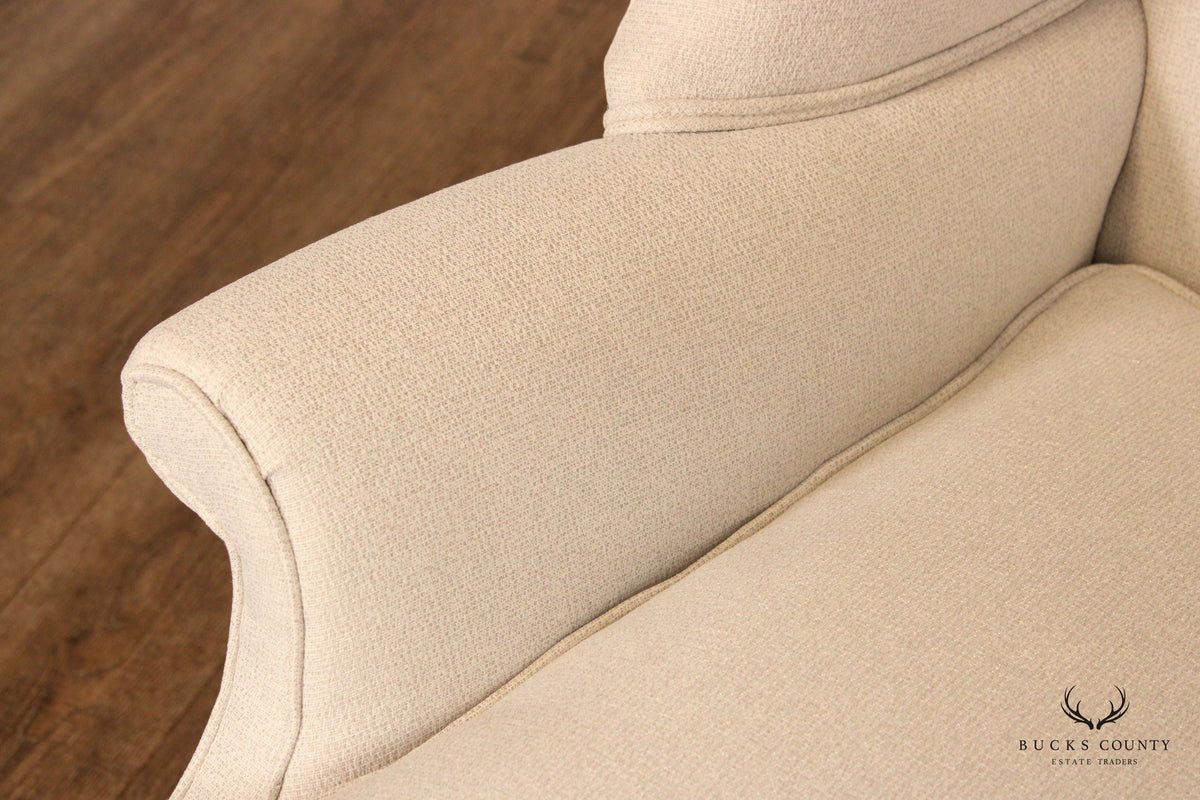 Saybolt Cleland Chippendale Style Pair Custom Upholstered Mahogany Wingback Chairs