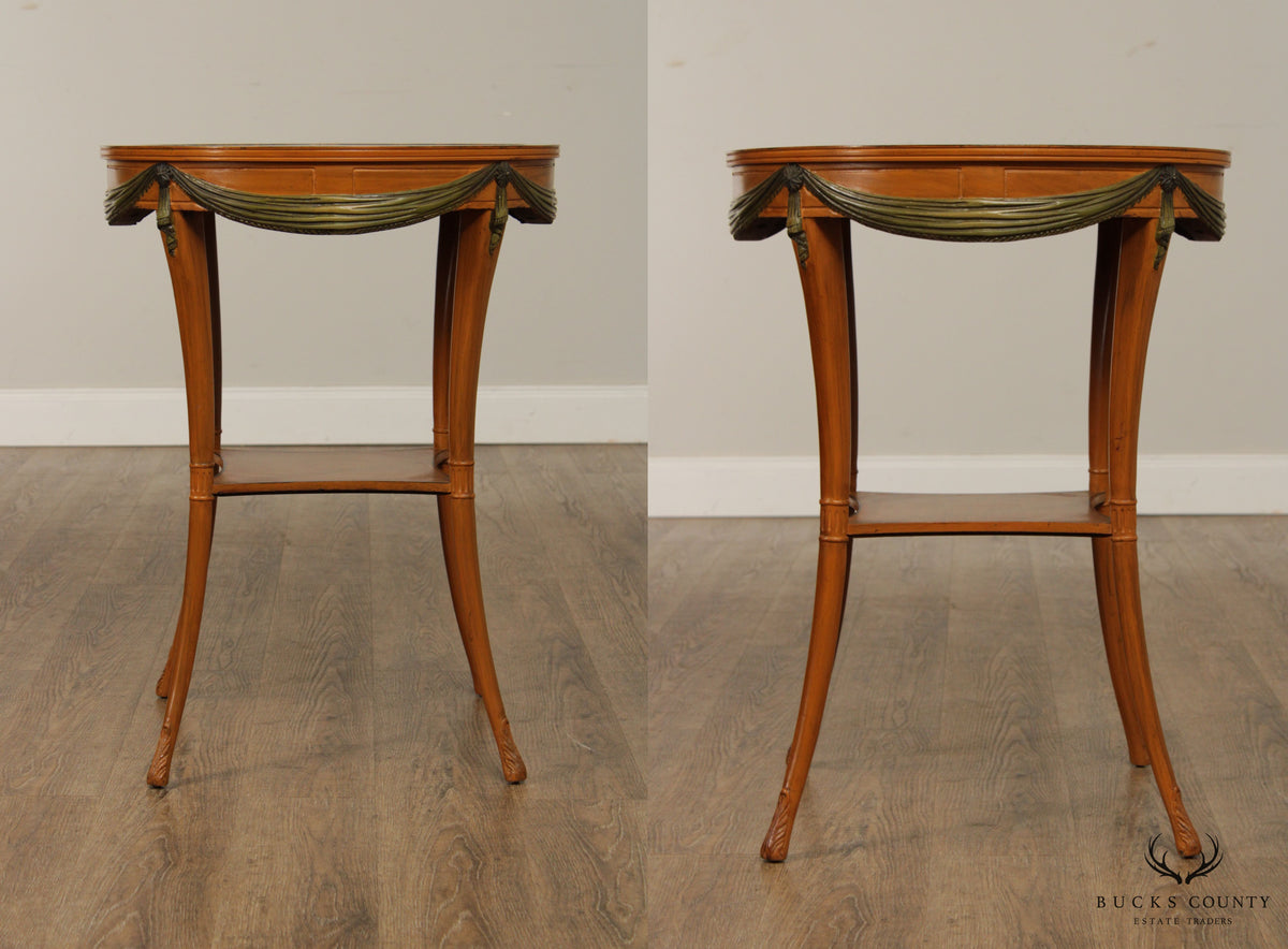 1930's Fine Quality Adams Style Hand Painted Pair Satinwood Side Tables