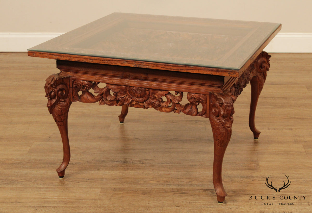Vintage High Quality Chinese Lotus Flower Ornately Coffee Table