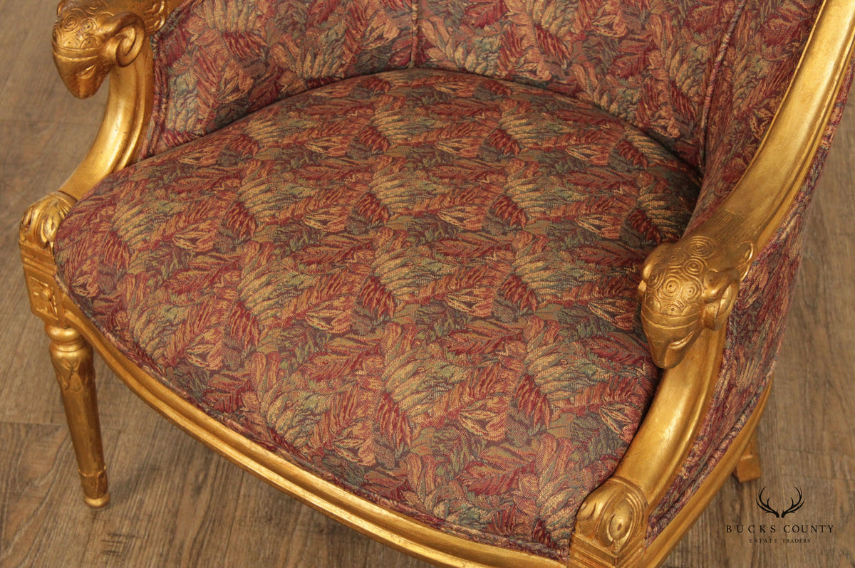 French Empire Style Gilt Rams Head Pair Barrel Club Chairs