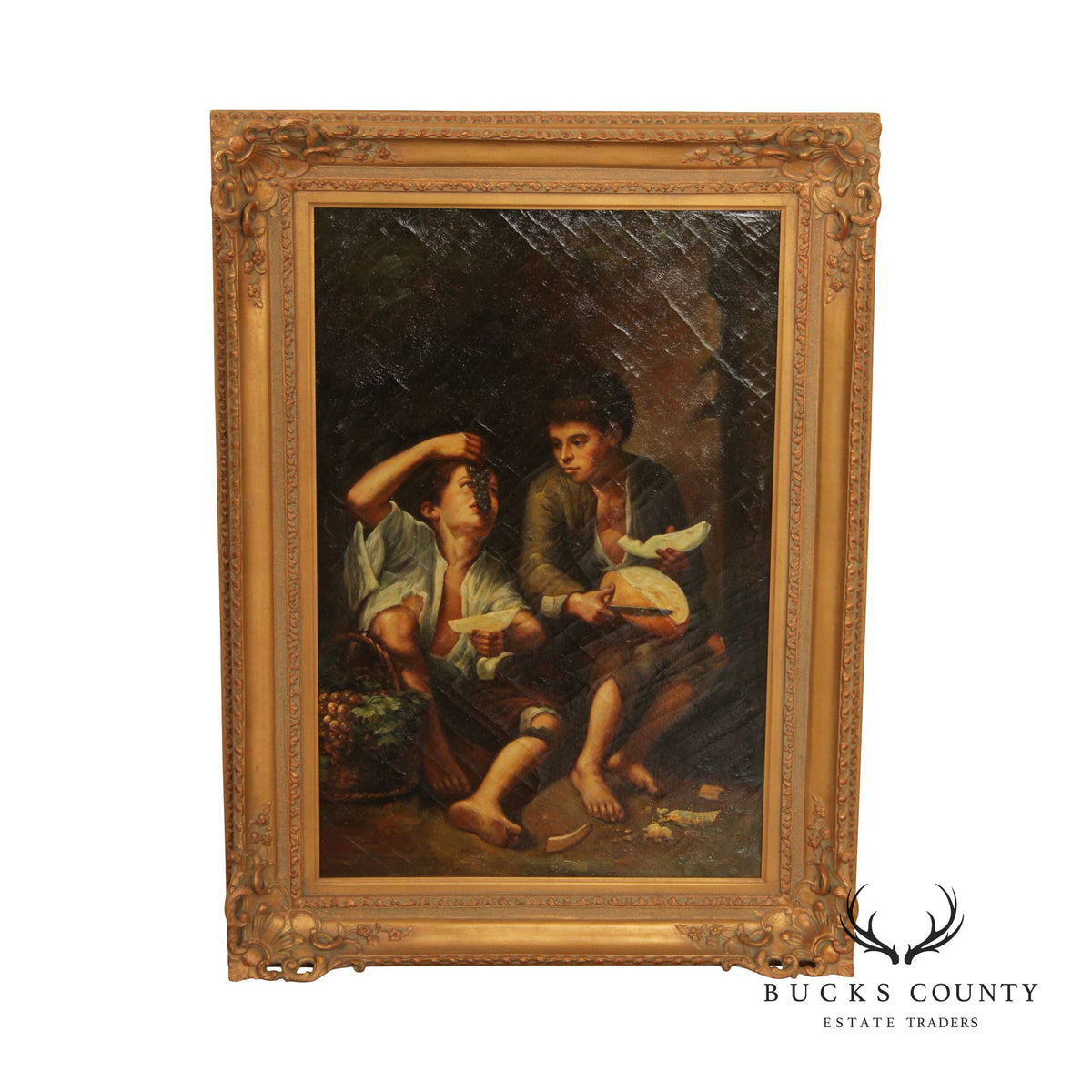 Vintage 20th C. 'Children Eating Grapes and a Melon' Original Painting after Murillo