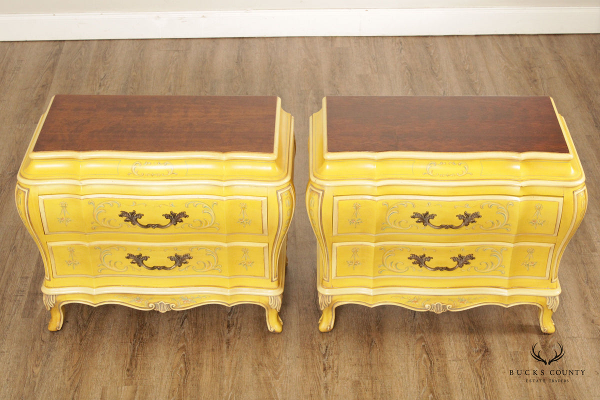 Karges Louis XV Style Pair of Florentine Painted Bombe Chest Nightstands