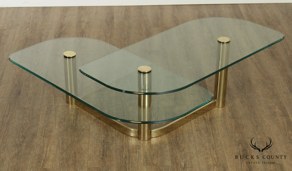 Postmodern 1970's Vintage Brass & Glass 2 Tier L Shape Coffee Table
