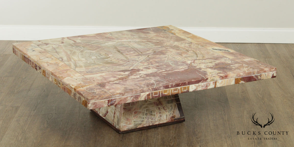 Mid Century Carved Onyx Mayan Style Large Square Coffee Table