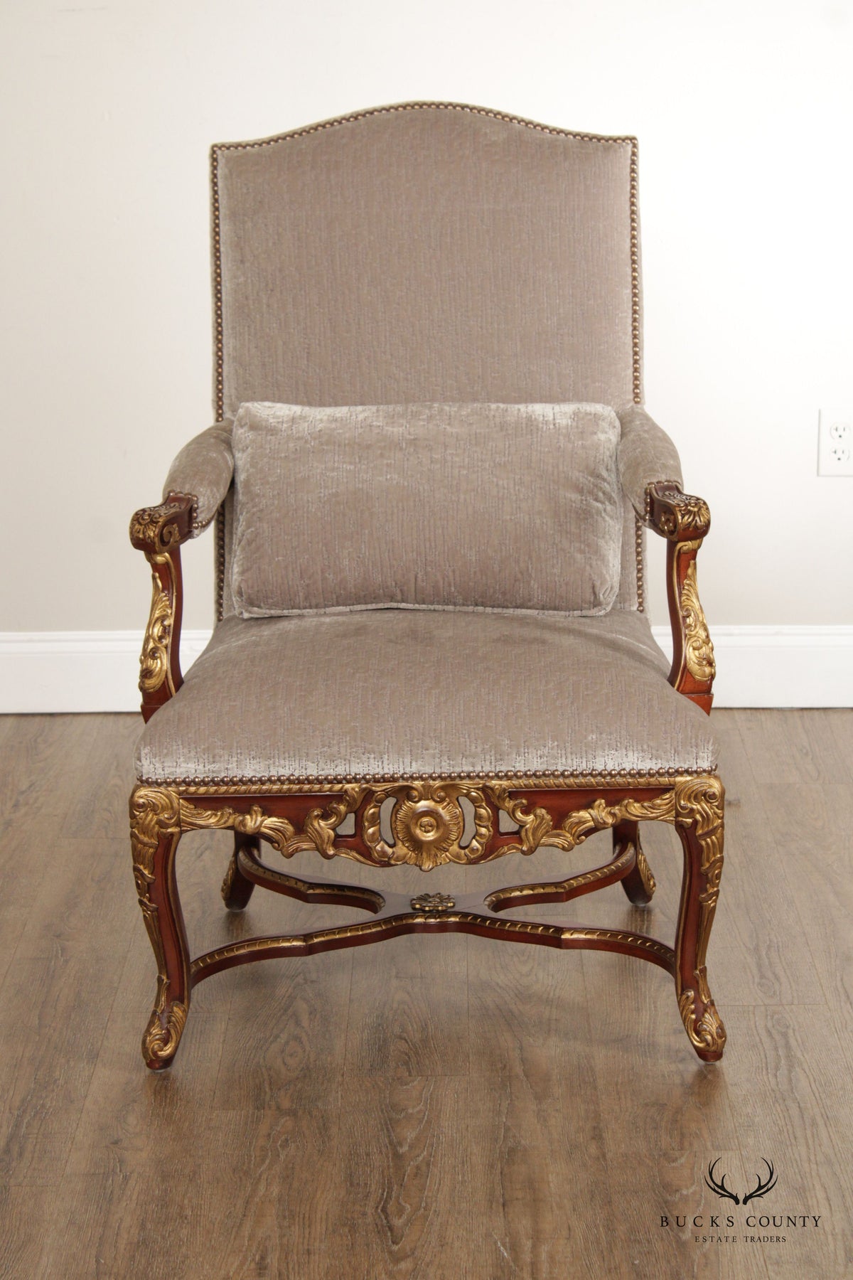 EJ VICTOR FRENCH REGENCE STYLE GILT CARVED ARMCHAIR