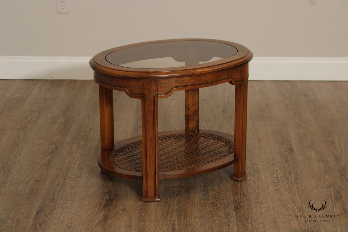 Asian Inspired Vintage Oval Two-Tier Glass Top End Table