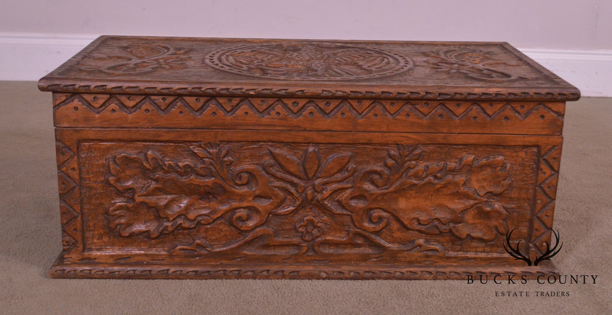 Antique Hand Carved Wood Chest with Eagle