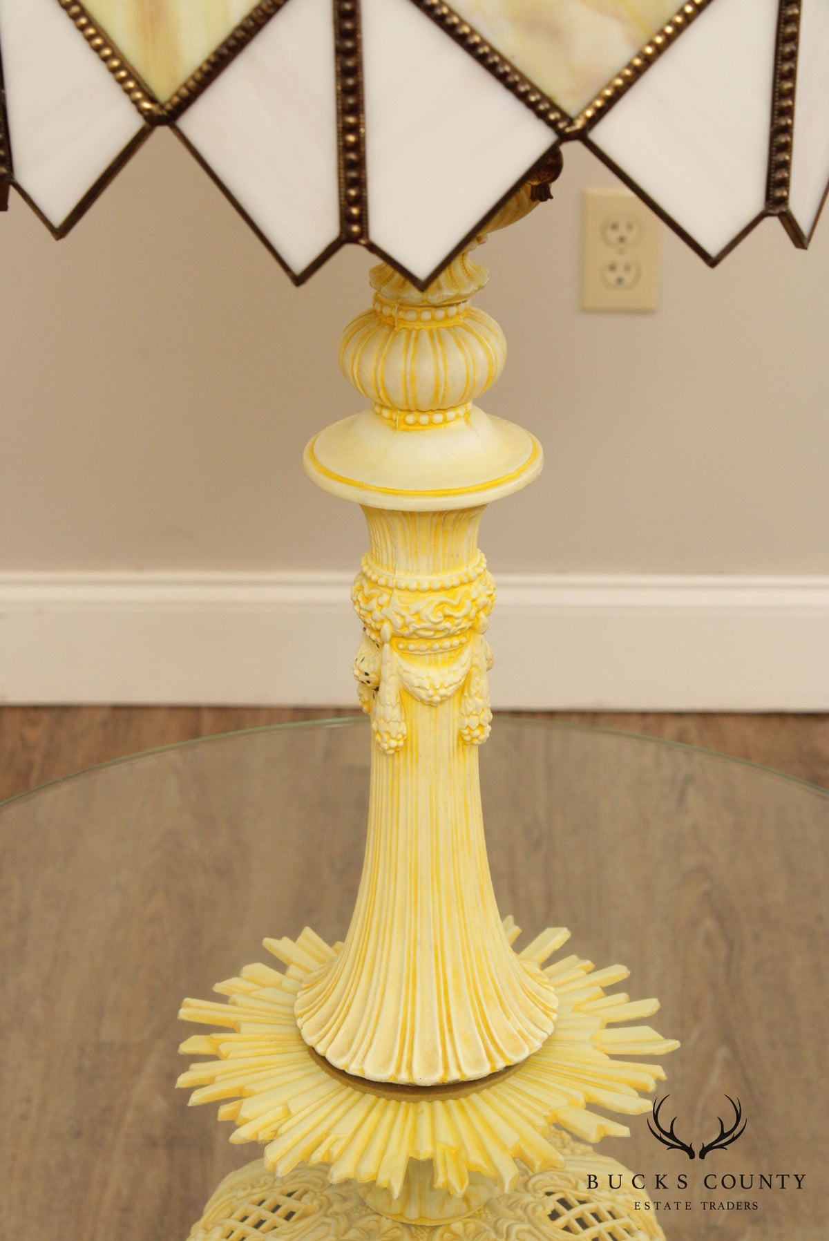 Hollywood Regency Vintage Yellow Slag Glass Floor Lamp Table