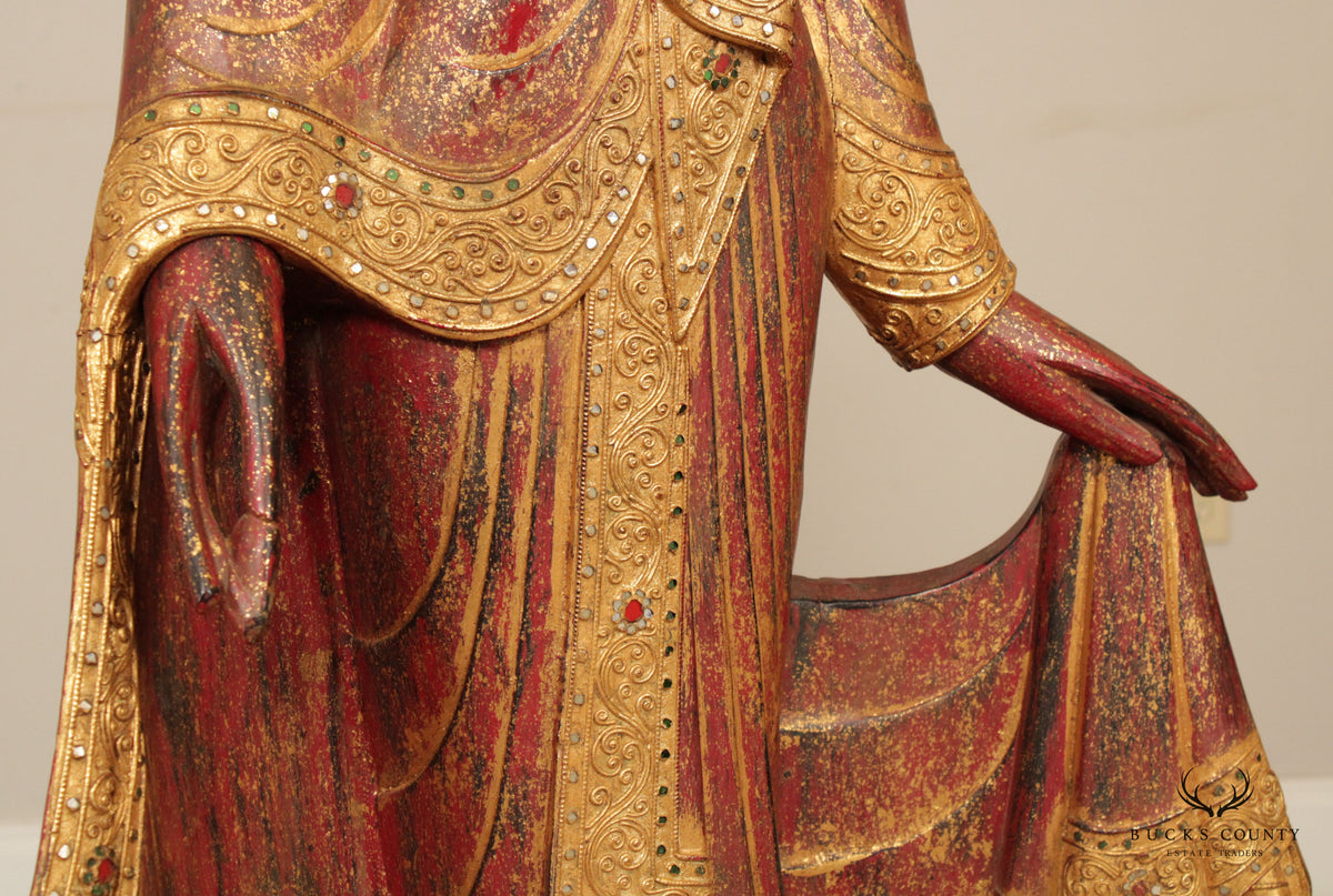Burmese Mandalay Gilded Red Lacquer Tall Standing Buddha