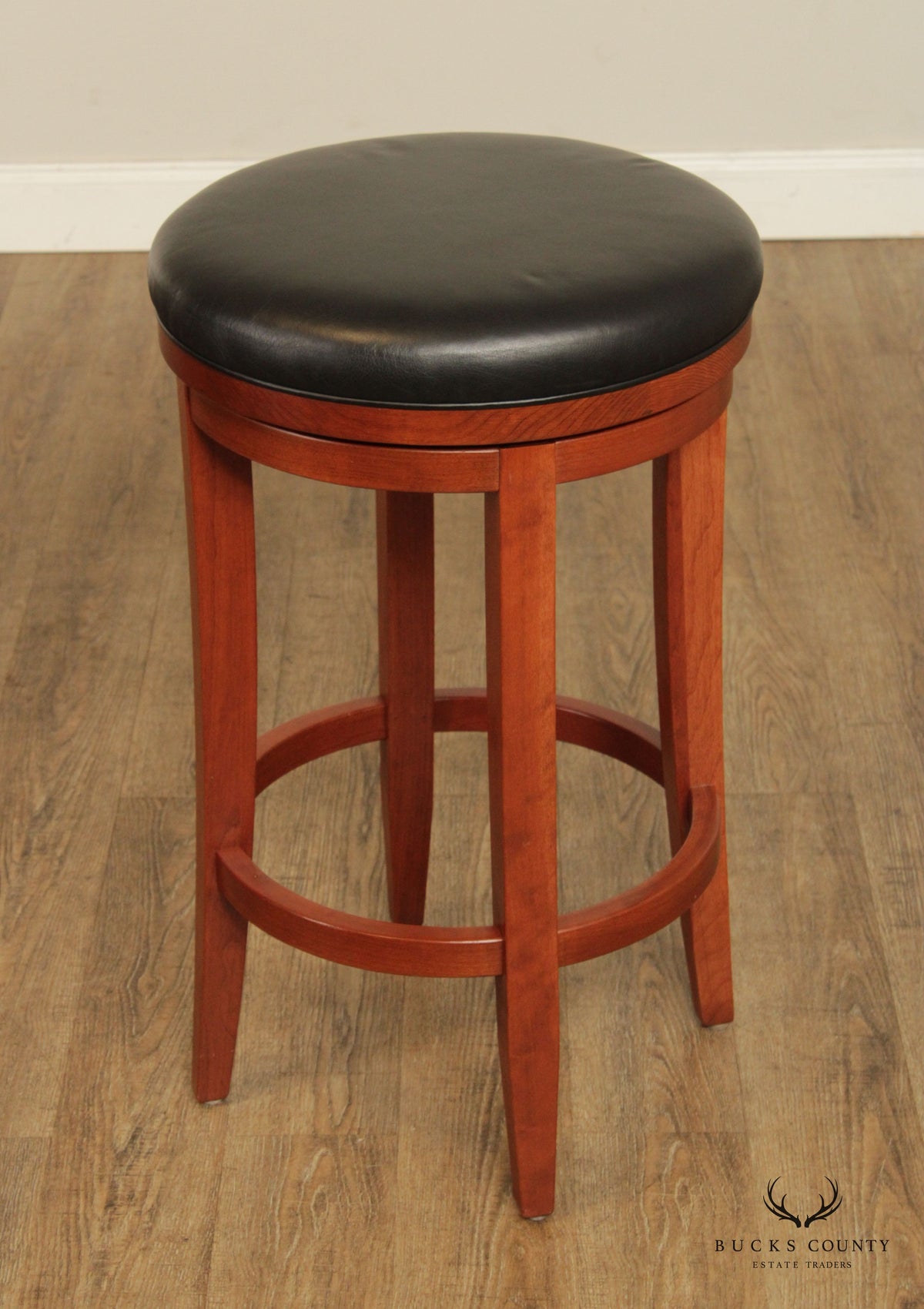 Zimmerman Chair Shop Pair of Leather Upholstered Cherry 'Milano' Swivel Bar Stools