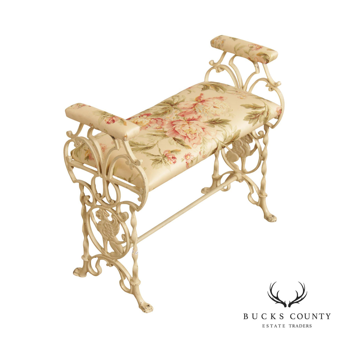 Renaissance Revival Style Antique Upholstered Cast Iron Bench