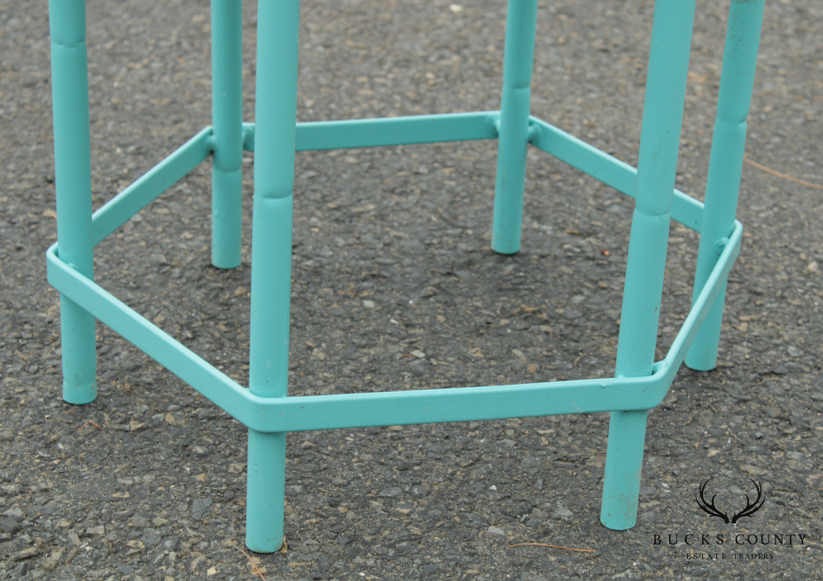 Mid Century Modern Teal Painted Base Hexagon Top Patio Side Table