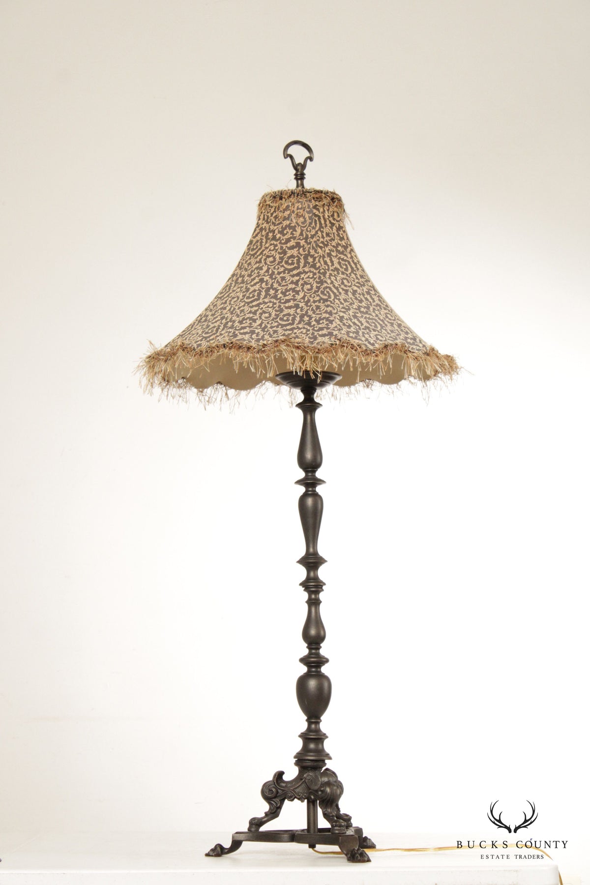 Baroque Style Pair Tall Cast Bronzed Metal Candlestick Lamps with Custom Feather Shades
