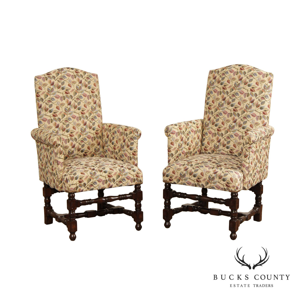 Jacobean Revival Style Pair of Upholstered Children's or Doll Armchairs