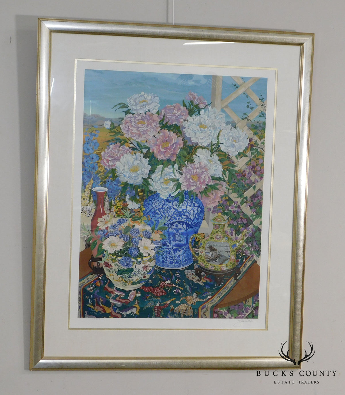 John Powell "Peonies" Original Serigraph Still Life Flowers & Porcelain