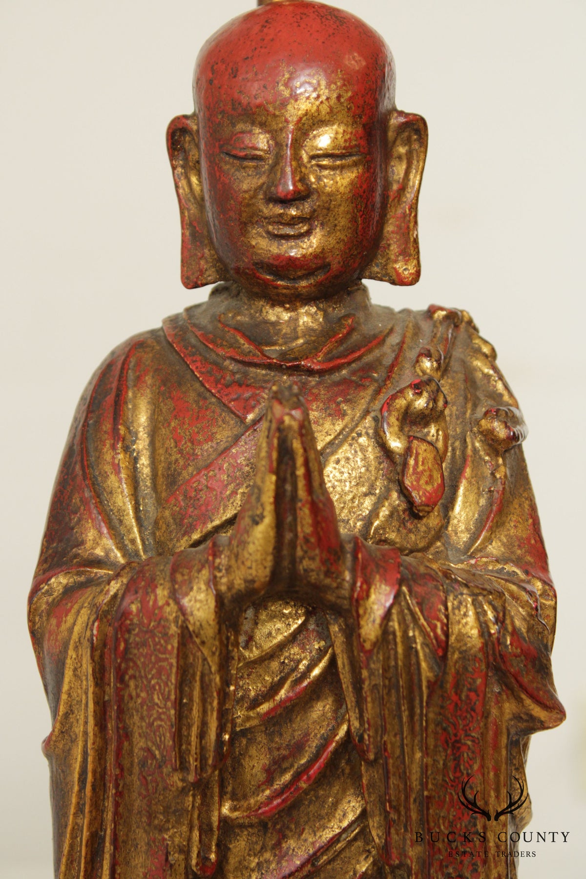 Vintage Partial Gilt Polychrome Resin Buddha Lamp