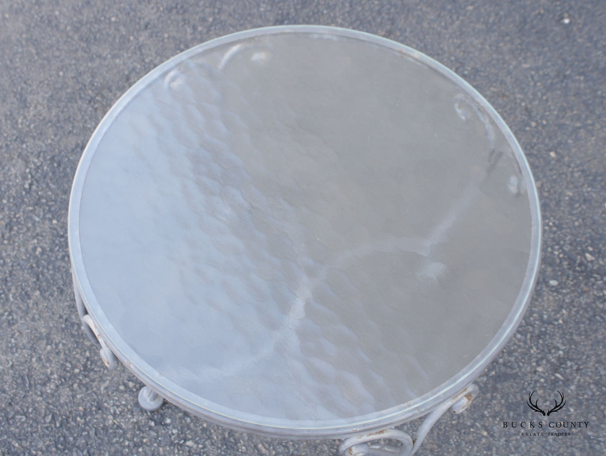 French Style Vintage Scrolled Wrought Iron Round Glass Top Outdoor Cocktail Table