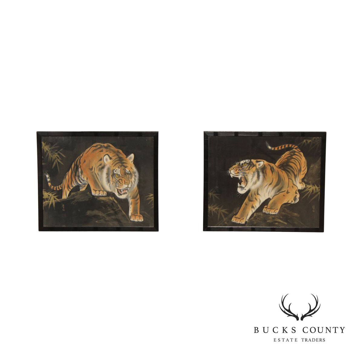 Vintage Chinese Pair of Crouching Tiger Silk Paintings