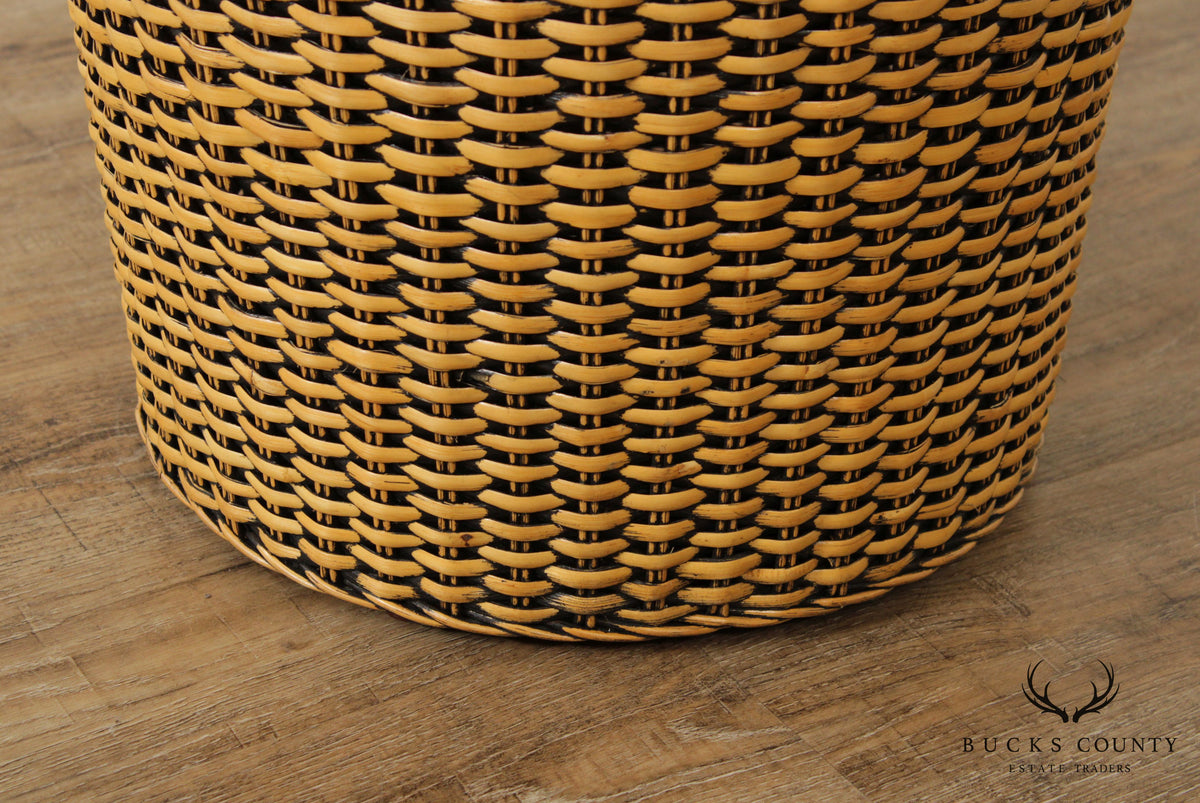 Vintage Woven Wicker Rattan Glass Top Round Side Table