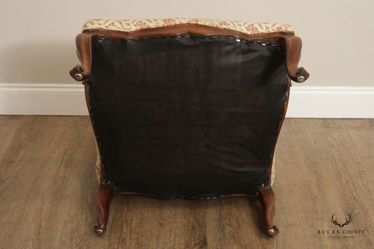 Antique French Louis XV Style Carved Walnut Fauteuil Armchair