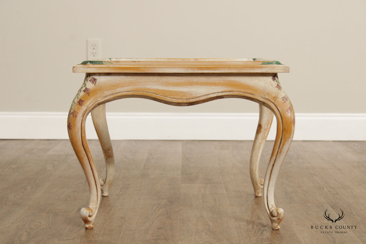French Style Pair Paint Decorated Glass Top End Tables