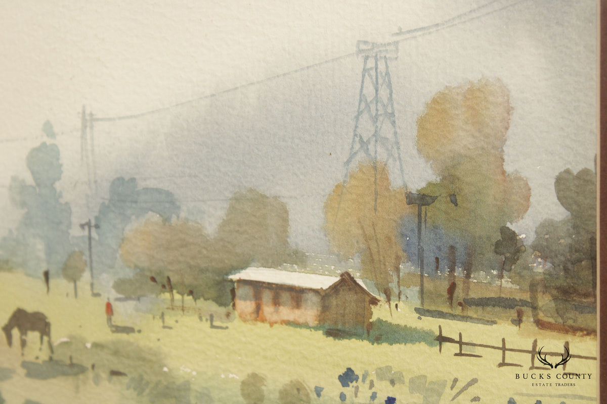 Pastoral Farm Landscape Watercolor Painting, Signed
